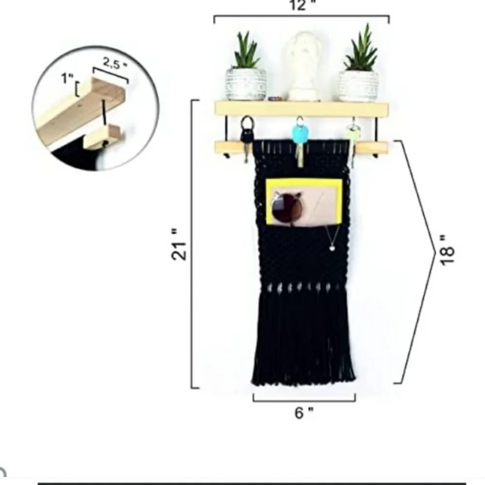 Maris Wood Floating Shelf with Black Macrame Organizing Accent Pocket & Hooks